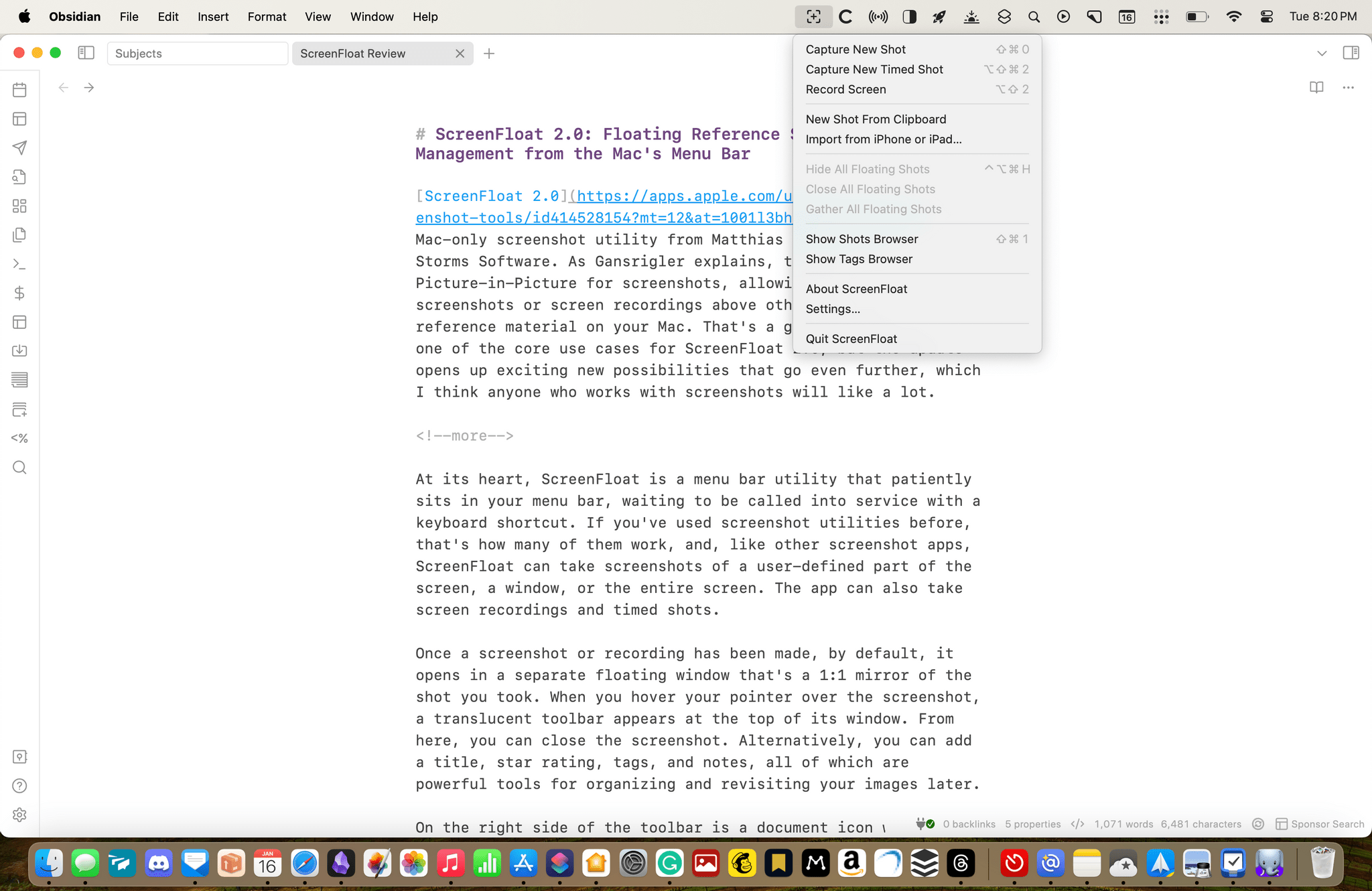 Activating ScreenFloat from the Mac menu bar.